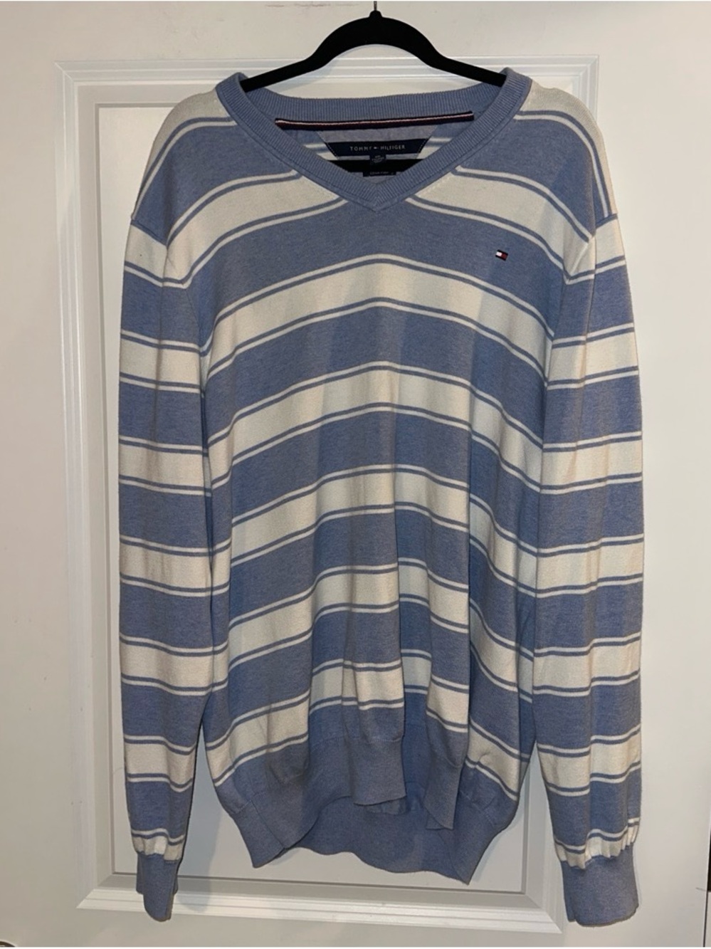 Tommy Hilfiger Blue and White Striped V-Neck Sweater
